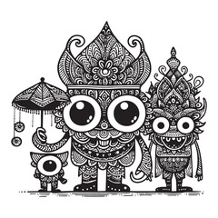Obraz premium Black and white illustration of a family of mythical creatures in intricate traditional attire.