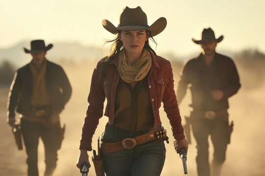 Confident Cowgirl Leading a Group in Western Landscape with Dust and Cowboy Attire