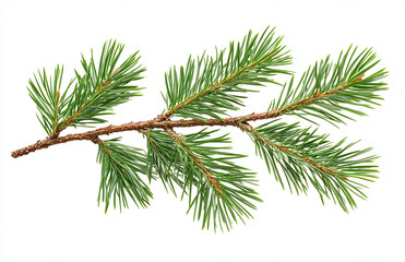 A close up view of a green pine tree branch with needles isolated against a white background plain scene
