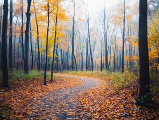 Fototapeta premium Vibrant Autumn Pathway Through a Tranquil Forest Surrounded by Colorful Leaves and Soft Sunlight Creating a Peaceful and Inviting Natural Atmosphere