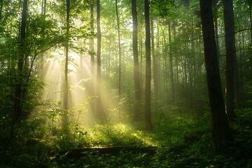 Sunlight streaming through dense forest trees, illuminating the lush green foliage and creating a serene atmosphere