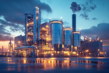 Industrial Plant at Dusk with Glowing Lights and Steam Emissions Over Reflective Water Surfaces