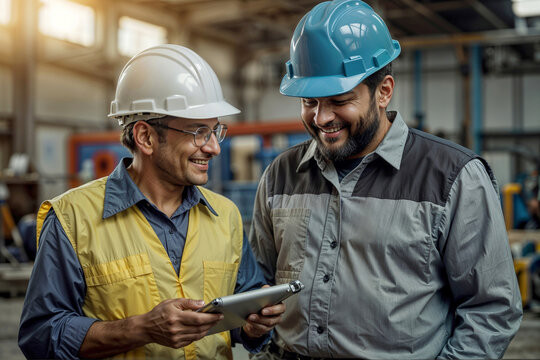 Portrait of two engineers meeting in factory. They seem to be discussing something important