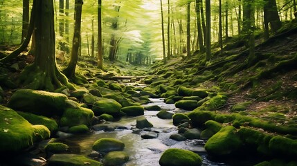 Obraz premium Sunlit Stream Flows Through Mossy Forest Rocks