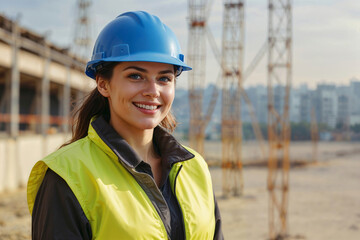 Happy young female engineer in safety helmet on construction site background