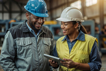 Two black engineers wearing hard hats and safety vests are smiling and holding a tablet. They seem to be discussing something important