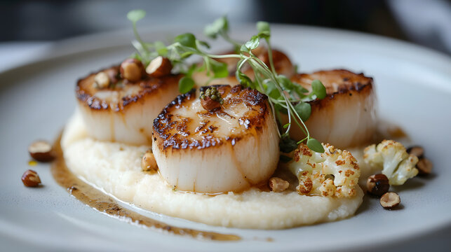 Pan-Seared Scallops with Caramelized Cauliflower and Microgreens on Elegant White Plate