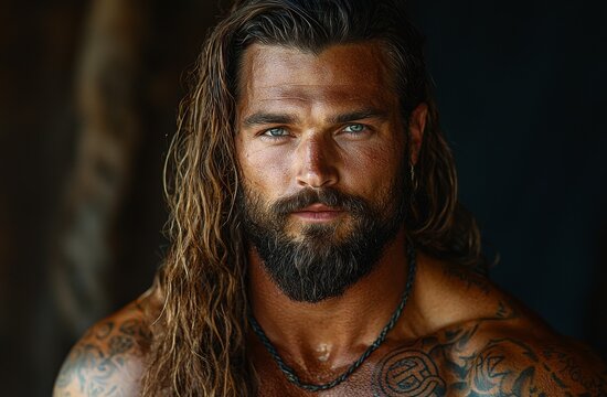 A bearded man with a muscular build is depicted in a medieval-themed photo generated by AI