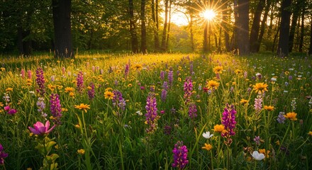 Obraz premium Colorful wildflower field at sunset with sun rays shining through trees, vibrant natural beauty, serene atmosphere