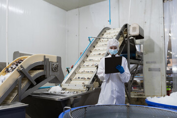 Canned fish factory, seafood manufacturing and processing. Food processing. Conveyor belt and...