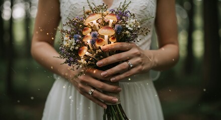 Witch bride holding glowing flower bouquet with mushrooms in an enchanted forest, mystical atmosphere