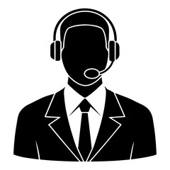 Office worker wearing a headset, flat vector silhouette on white background.