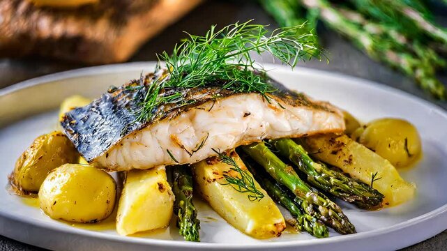 Golden seared zander fillet resting on roasted potatoes, crisp asparagus, with fresh dill.