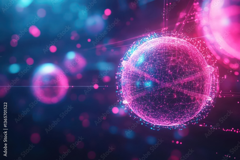 Poster intricate sphere composed of interconnected dots and lines symbolizing global connections and digita
