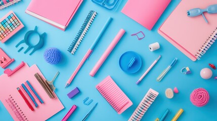 Assorted pink and blue school and office supplies are arranged