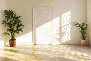Minimalist room interior with potted plants and natural light
