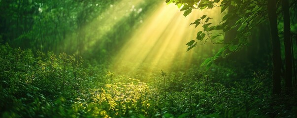 Obraz premium Beautiful rays of sun light in green magic forest. copy space for text. MZ 
