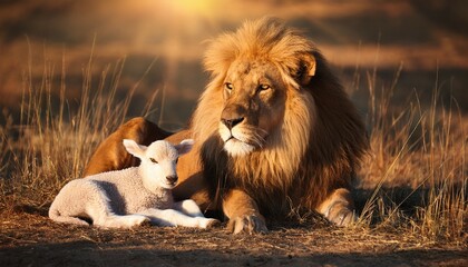 majestic lion and gentle lamb resting together in golden sunlight