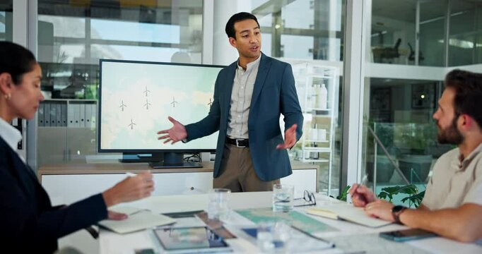 Business, presentation and people with map on screen, wind turbine and sustainable idea for clean energy. Monitor, office meeting and speaker with team to pitch windmill project for global funding