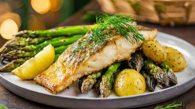 Grilled white fish fillet seasoned with dill, served with roasted asparagus, potatoes and lemon.