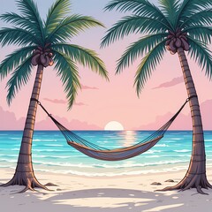 Tropical Beach Sunset Hammock, Relaxing hammock scene at sunset on a tropical beach.