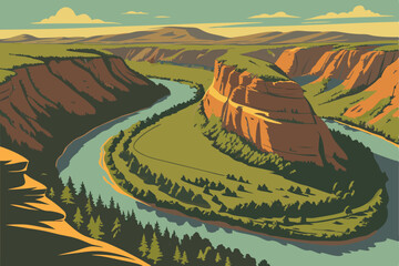 27 Aerial view, meandering river, horseshoe bend, lush green valley, forested mountains, dramatic landscape, vibrant colors, clear blue sky, scenic wilderness, bird's eye perspective, natural wonder, 