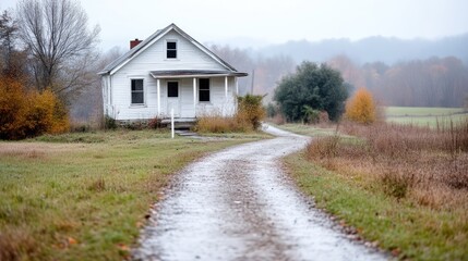 Empty, white farmhouse on a rural road