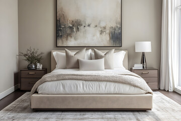 A large bed with a white comforter and pillows is in a room with a white wall