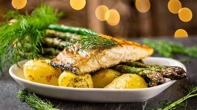 Deliciously grilled white fish served with roasted potatoes and asparagus on a plate.