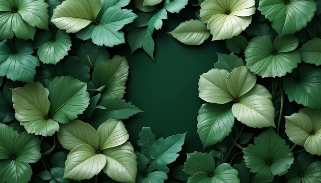 A lush green tropical leaf frame with vibrant, detailed foliage surrounding a dark green central space, perfect for text placement or design elements