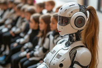 Fototapeta premium Futuristic Classroom: Robot and Children in Audience. Conceptual learning environment with advanced technology and youthful engagement.