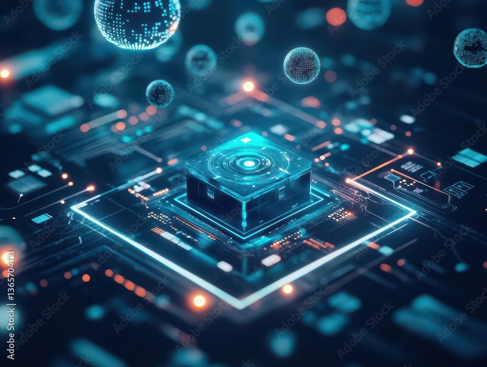 Poster intricate blue and black computer processor surrounded by illuminated spheres creating a high-tech f