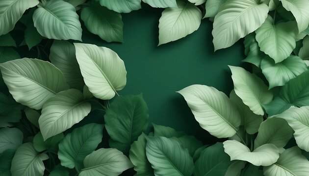 A lush green tropical leaf frame with vibrant, detailed foliage surrounding a dark green central space, perfect for text placement or design elements