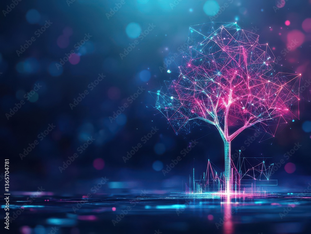 Poster abstract representation of a tree featuring intricate connections of lines and dots symbolizing grow