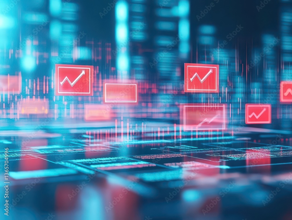 Fototapete Computer Screen Displaying Dynamic Red Arrow Graphic Indicating Directional Change in Data Visualization with Modern Technology and User Interface