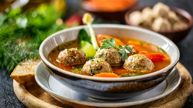 Steaming meatball soup brimming with colorful carrots, tender pak choi, and fragrant parsley.