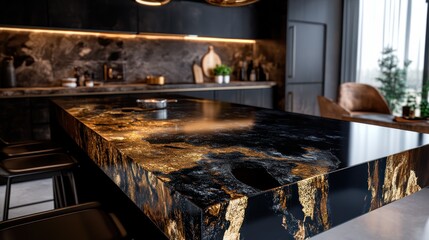 Dark kitchen island, gold veining