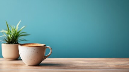Serene Coffee Cup Beside Green Plant on Wooden Table with Soft Blue Background for Tranquil Atmosphere