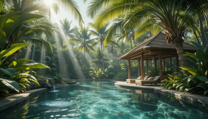 Fototapeta premium Tranquil retreat tropical poolside oasis lush jungle photography serene environment nature concept