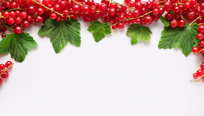 Red currant season mockup, summer theme border, with free space for text. White plane background, red ripe berries with leaves on the upper border.