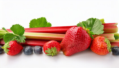 Strawberry and rhubarb season mockup, spring theme border, with free space for text. Red ripe berries with leaves on white background.