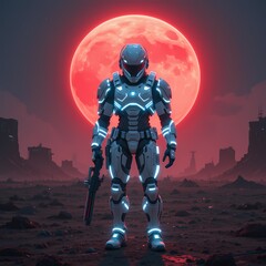 Fototapeta premium Futuristic soldier under red moon, Sci fi soldier in desolate landscape, red moon backdrop