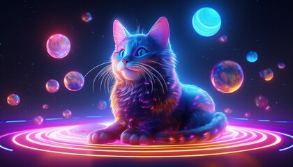 neon lit futuristic cat sitting on a glowing planet surrounded by orbs in a dreamlike scene