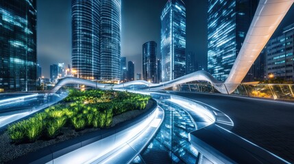 Obraz premium Ultra-modern cityscape, white skyscrapers, eco city plants, glow walkway, transparent sky bridge, water channel, futuristic architecture, sustainable design, high-tech metropolis, advanced technology.