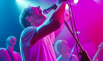 Energetic Male Singer Performing on Stage in Colorful Lights