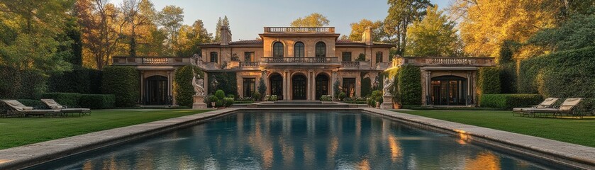 Fototapeta premium An expansive estate with a pool and lush greenery. A grand home with an elegant architectural style and beautiful scenery. The home is a symbol of luxury and wealth.