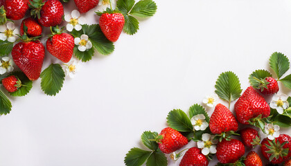 Strawberry season mockup, summer theme border, with free space for text. White plane background, red ripe berries on the upper side.
