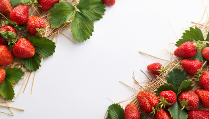 Strawberry season mockup, on straw and leaves, summer theme border, with free space for text. White plane background, red ripe berries in the corners of the frame.