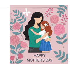 Happy Mother's Day. Loving Mother and Daughter Hug with Floral Background.