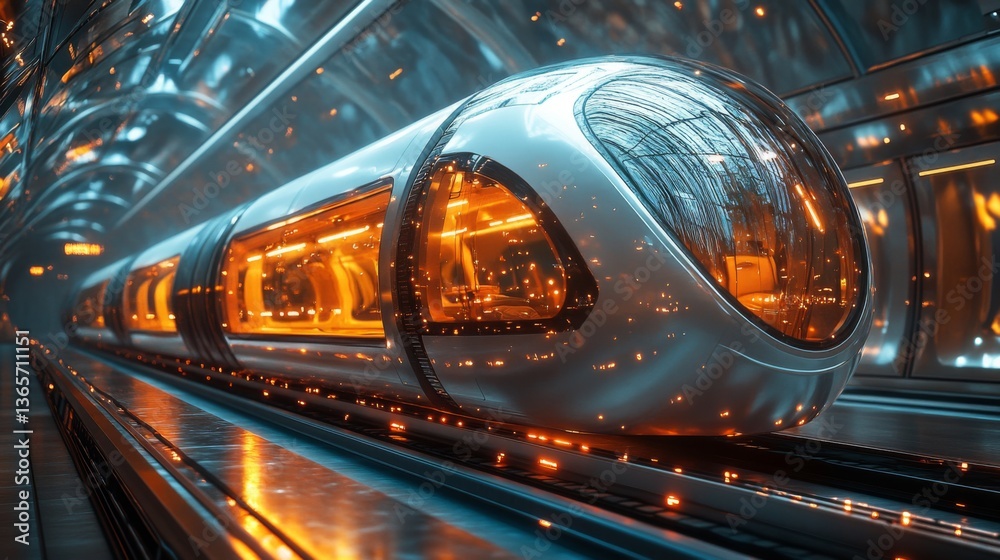 Poster A futuristic subway pod waits on the tracks in a sleek urban environment, showcasing advanced design and automation for improved commuter transit.